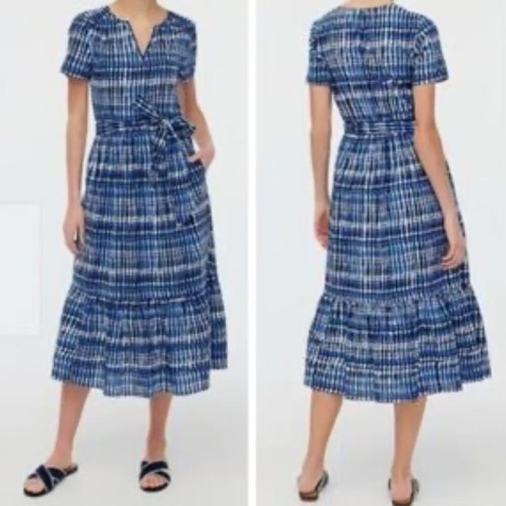 J. Crew Stripe Print Short Sleeve Belted Tiered Midi Dress Blue White Women's 16